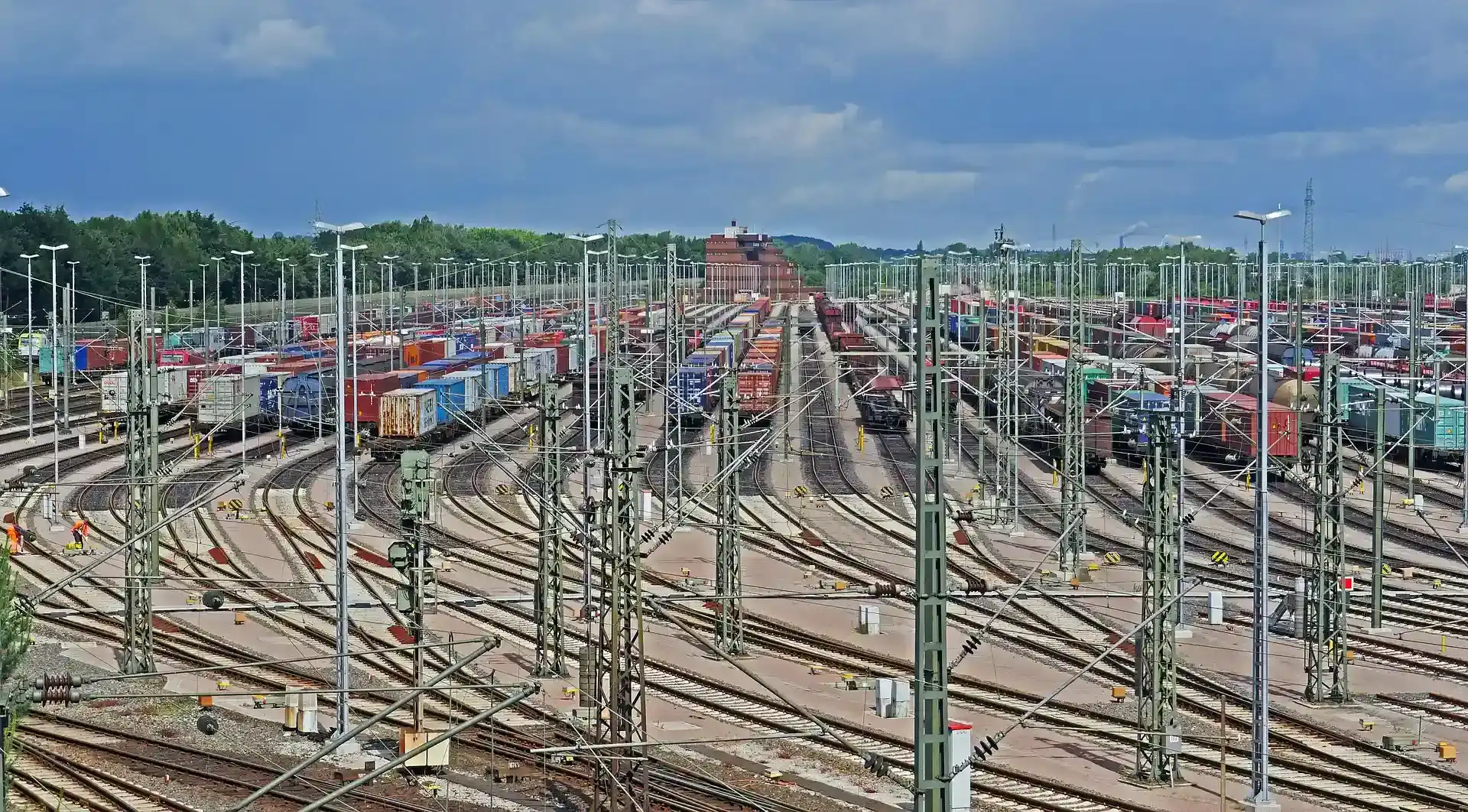 Multiple train tracks with freight wagons